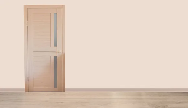 An empty room with a modern wooden door. The walls are covered with light pastel wallpaper. Minimalistic light interior. The concept of buying an apartment