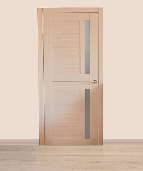 An empty room with a modern wooden door. The walls are covered with light pastel wallpaper. Minimalistic light interior. The concept of buying an apartment