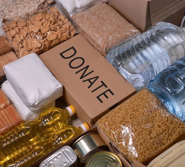 Donaciones Alimentos Con Alimentos Enlatados Conjunto Alimentos Para Los Necesitados — Foto de Stock