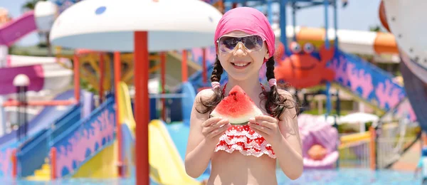 Happy Girl Swimsuit Eating Watermelon Background Aqua Park Kid Having — Stock Photo, Image