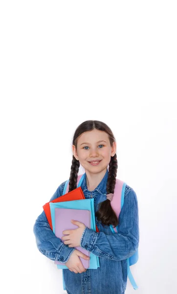 Happy Teenage School Child Hold Books White Background Knowledge Day — Stockfoto