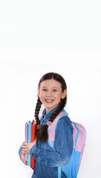 Happy Teenage School Child Hold Books White Background Knowledge Day — Stock fotografie