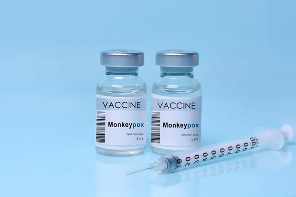 Two Vials Vaccine Monkeypox Syringe Blue Background Concept Medicine Healthcare — 图库照片