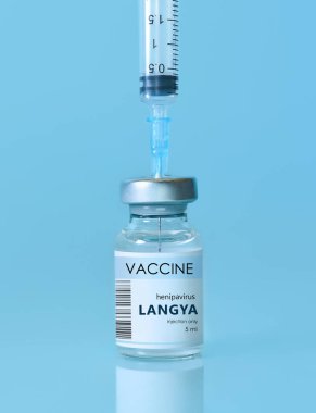 Vial with vaccine Langya henipavirus (LayV) with a syringe on a blue background.The concept of medicine, healthcare. The virus is transmitted from animals to humans.Copy space for text.