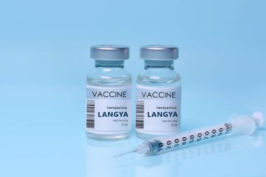 Two vials with vaccine Langya henipavirus (LayV) with a syringe on a blue background.The concept of medicine, healthcare. The virus is transmitted from animals to humans. Copy space for text.