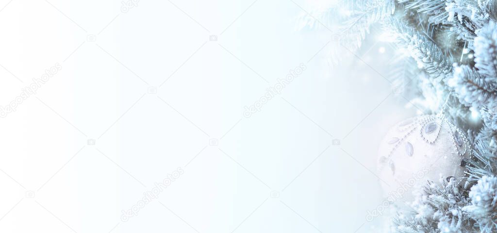 Christmas background with fir tree and festive Christmas toy.Banner. Copy space for text