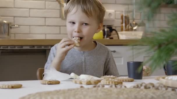 Gyerekek Karácsonyi Mézeskalácsot Esznek Konyhában Egy Fiú Egy Lány Festéket — Stock videók