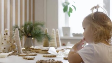 Sevimli kız evde Noel kurabiyesi süsleyip yiyor. Kurabiye şekerli korseli bir kız resmi. Yılbaşı ağacının yeni yıl dalları.