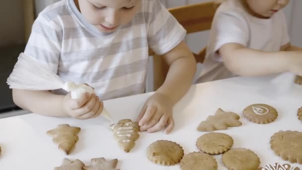 Ragazzo Ragazza Decorare Mangiare Pan Zenzero Natale Casa Ragazzo Una — Video Stock