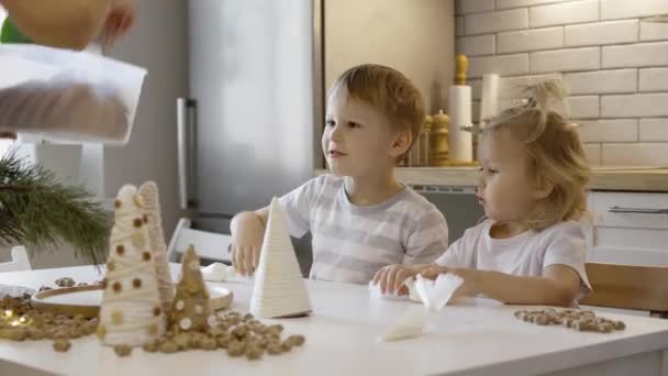 妈妈和孩子们在家里装饰圣诞姜饼 一个男孩和一个女孩在饼干上涂有糖霜的玉米网 圣诞树上新年厨房装饰的树枝 — 图库视频影像