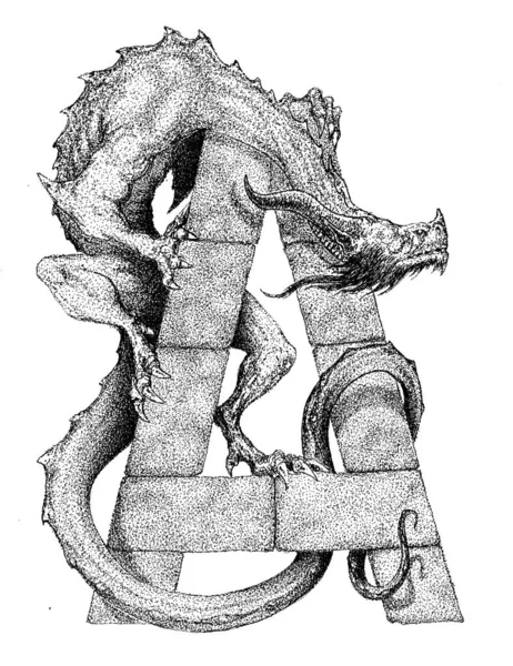 石の文字の上に座っている龍A.ドラゴンアルファベット. — ストック写真