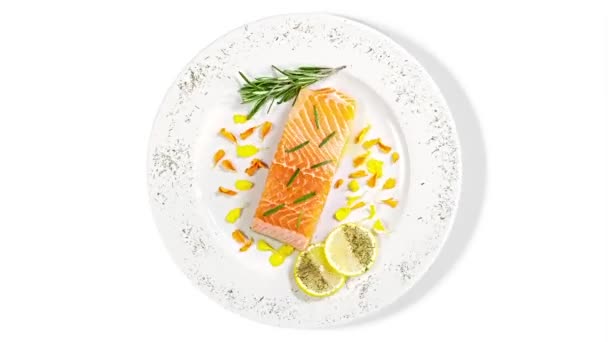Stop Motion Salmon Loin Lemon Plate Spinning Top View Gourmet — Stock Video