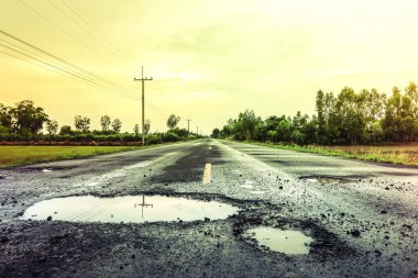 puddles on the road when it rains, potholes on the highway.
