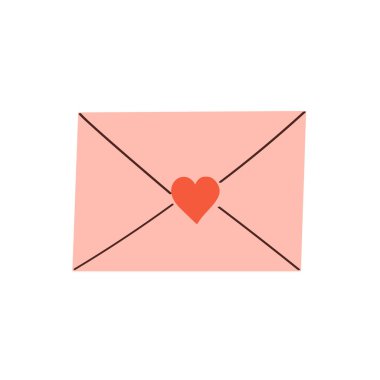 Kalpli pembe bir aşk mektubu. Sevgililer Günü postası. Romantik zarf objesi. Aşk öğesi. Çizgi film tarzında vektör illüstrasyonu. Beyaz arkaplanda izole.