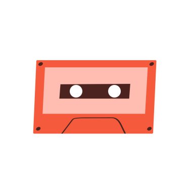 Kırmızı sesli müzik kaseti. Müzik retro kaseti. Çizgi film tarzında vektör illüstrasyonu. Beyaz arkaplanda izole.