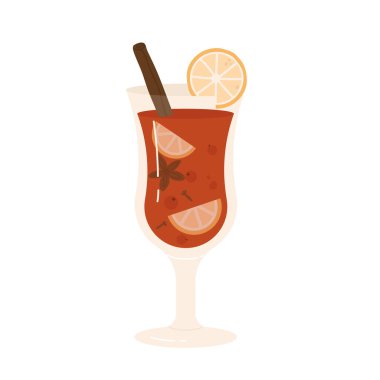 Bir bardak portakal dilimli yılbaşı şarabı ve tarçın çubuğu, anason ve karanfil. Sıcak kış içeceği. Çizgi film tarzında vektör illüstrasyonu. Beyaz arkaplanda izole.