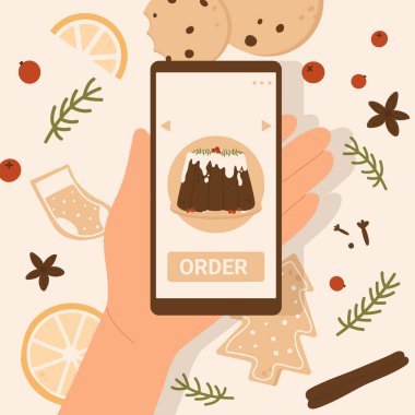 Christmas Online alışveriş konsepti. Müşteri siparişi verir ve çevrimiçi dükkandan Noel yemeği alır. Sosyal ağlardan alışveriş, uygulama konsepti. Düz çizgi film vektör çizimi beyaz arkaplanda izole edildi 