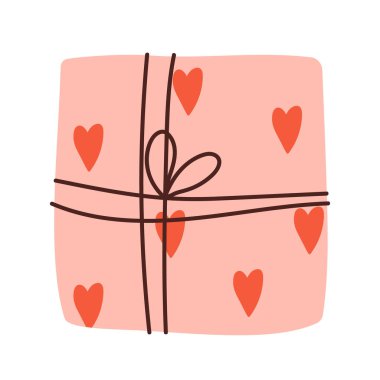 14 February Happy Valentine's Day gift box. Pink paper box with hearts. Love present. Flat cartoon vector illustration. Isolated on white background.