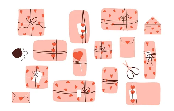 Februar Happy Valentine Day Geschenkbox Set Pinkfarbene Papierschachteln Umschläge Herzen — Stockvektor