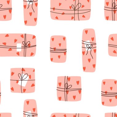 14 February Happy Valentine's Day gift box  seamless pattern. Pink paper boxes with hearts. Love present. Flat cartoon vector illustration. Isolated on white background.
