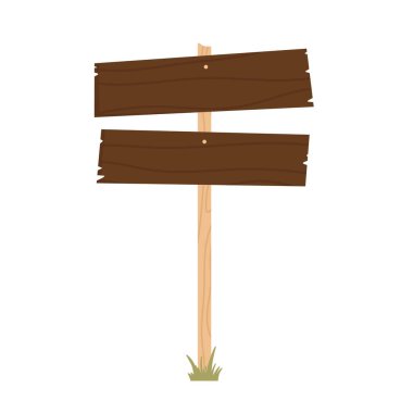 Tahta levha ya da yeşil çimenlikteki işaretçi. Antika tahta, işaret. Çizgi film tarzında vektör illüstrasyonu. Beyaz arkaplanda izole.