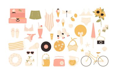 Vintage yaz zamanı. Yaz malzemeleri seti. Giysiler, aksesuar estetiği. Tatil, seyahat, plaj konsepti. Çizgi film tarzında vektör illüstrasyonu. Beyaz arkaplanda izole.