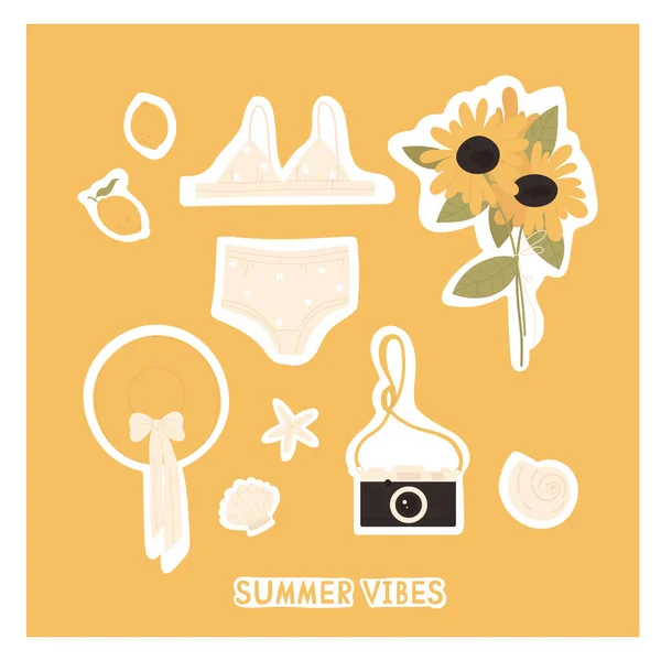 Vintage Summertime Summer Stuff Clothing Accessories Aesthetics Swimsuit Camera Hat — Stock Vector