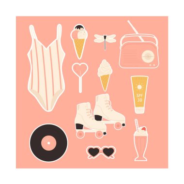 Vintage yaz zamanı. Retro yaz malzemeleri seti. Mayo, patenler, radyocu estetiği. Tatil, seyahat, plaj konsepti. Çizgi film tarzında vektör illüstrasyonu. Beyaz arkaplanda izole.