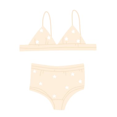 Klasik kadın mayosu: bikini üstü ve altı. Beyaz çiçekli şık kadın bej mayosu. Retro plaj kıyafeti. Çizgi film tarzında vektör illüstrasyonu. Beyaz arkaplanda izole