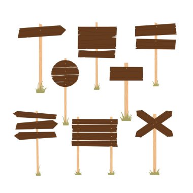 Tahta tabela ve yeşil çimen seti. Klasik tahta, işaret ya da işaret levhası. Çizgi film tarzında vektör illüstrasyonu. Beyaz arkaplanda izole.