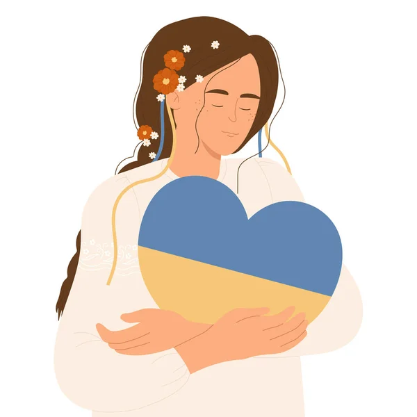Дівчинка Обіймає Тримає Серце Кольорами Прапора України Моліться Україну Підтримка — стоковий вектор