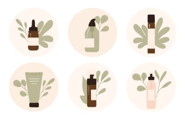 Yapraklı doğal organik kozmetik seti. Şişelerdeki eko güzellik ürünleri, kavanozlar ya da çevre dostu paketlemelerdeki tüpler. Cilt bakımı rutini. Çizgi film tarzında vektör illüstrasyonu. İzole edilmiş beyaz arkaplan