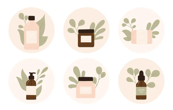 Ikoon Set Van Natuurlijke Organische Cosmetische Met Bladeren Eco Schoonheidsproducten — Stockvector
