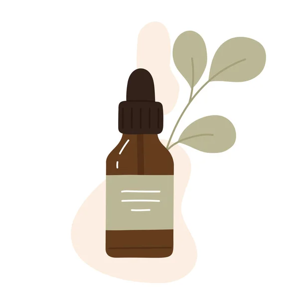 Essentiële Olie Bruine Fles Natuurlijke Biologische Cosmetica Met Bladeren Eco — Stockvector