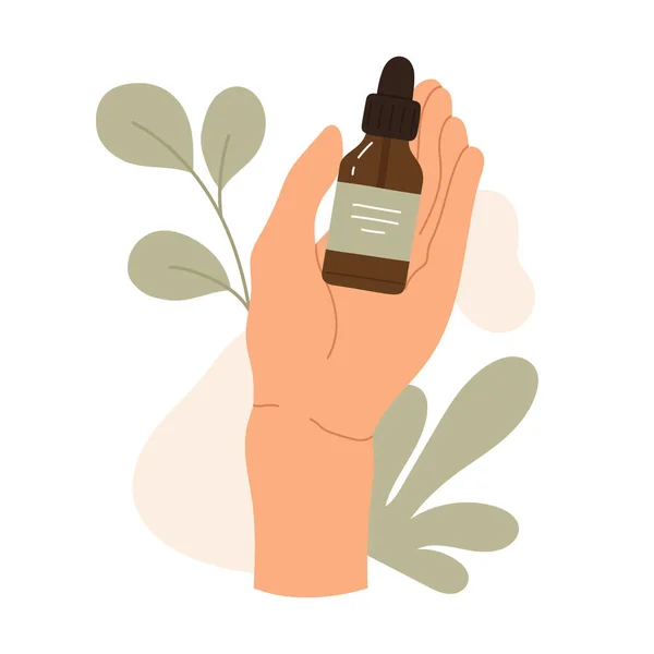 Woman Hand Holding Natural Organic Cosmetic Leaves Eco Beauty Product — Stock Vector