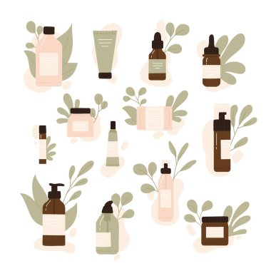 Yapraklı doğal organik kozmetik set. Şişelerdeki eko güzellik ürünleri, kavanozlar ya da çevre dostu paketlemelerdeki tüpler. Cilt bakımı rutini. Çizgi film tarzında vektör illüstrasyonu. İzole edilmiş beyaz arkaplan