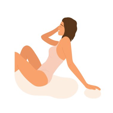 Pembe mayolu genç bir kadın kumların üzerinde güneşleniyor. Kumsalda dinlenen kız. Yaz tatili estetiği. Çizgi film tarzında vektör illüstrasyonu. İzole edilmiş beyaz arkaplan.