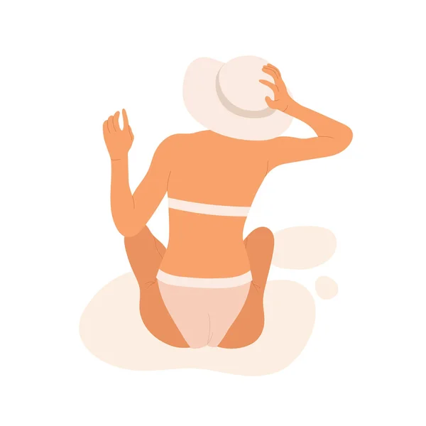 Mayolu Bronz Tenli Kız Oturuyor Elinde Güneş Şapkası Tutuyor Kumsalda — Stok Vektör