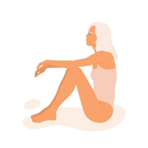 Een Jonge Vrouw Een Roze Badpak Zit Het Zand Zonnebaden — Stockvector