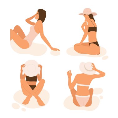 Sahilde dinlenen genç kadınlar. Farklı pozlarda mayo giymiş bronzlaşmış kızlar kumda oturuyorlar. Yaz tatili estetik koleksiyonu. Çizgi film tarzında vektör illüstrasyonu. İzole edilmiş arkaplan