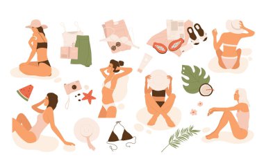 Yaz tatili estetik koleksiyonu. Dinlenen kadınlar, nesneler, meyveler, yapraklar. Bronzlaştırıcı kızlar, kıyafetler, aksesuar koleksiyonu. Çizgi film tarzında vektör illüstrasyonu. İzole edilmiş beyaz arkaplan