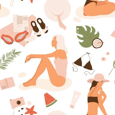 Yaz tatili estetik kusursuz desen. Dinlenen kadınlar, nesneler, meyveler, yapraklar. Bronzlaştırıcı kızlar, kıyafetler, aksesuarlar. Çizgi film tarzında vektör illüstrasyonu. İzole edilmiş beyaz arkaplan