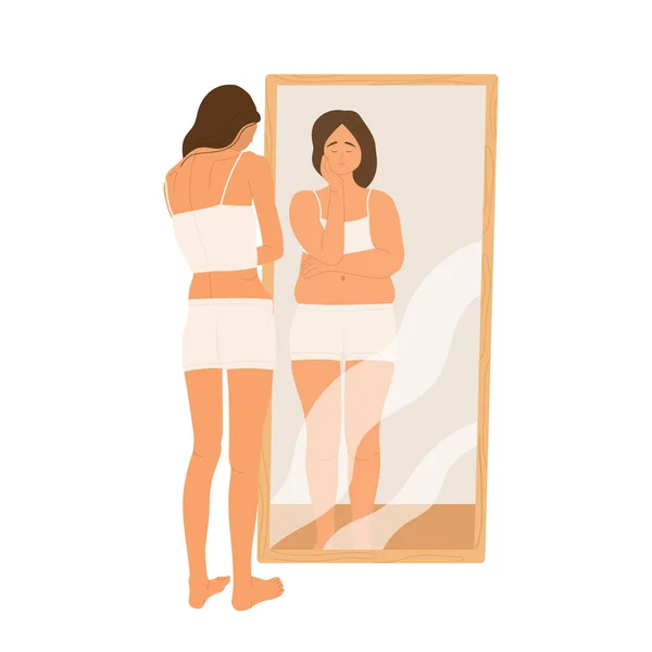 Een Trieste Jonge Vrouw Die Naar Haar Vervormde Spiegelbeeld Spiegel — Stockvector