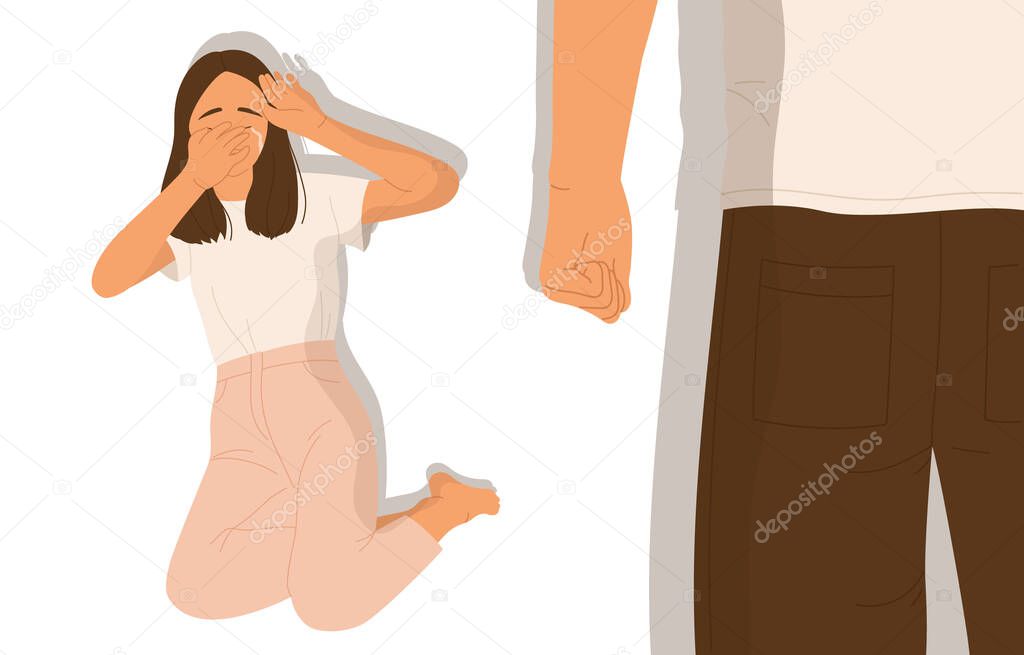 Domestic violence in family. Man beating up his crying wife, girlfriend. Woman in fear of domestic abuse. Couple quarrel, divorce,  abusive relationships. Flat cartoon vector illustration