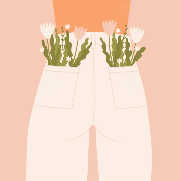 Meisje Met Een Naakte Rug Een Witte Jeans Met Bloemen — Stockvector
