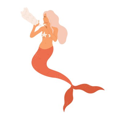 Kırmızı balık kuyruklu, deniz yıldızı sütyeni ve deniz kabuklu güzel genç deniz kızı. Peri masalı ve su altı yaratığı. Deniz ve okyanus estetiği. Çizgi film tarzında vektör illüstrasyonu. İzole edilmiş beyaz arkaplan.