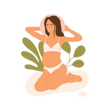 Pembe şapkalı hamile bir kadın kumların üzerinde güneşleniyor. Kumsalda dinlenen kız. Hamilelik, yaz estetiği tatili. Vektör çizimi. İzole edilmiş beyaz arkaplan.