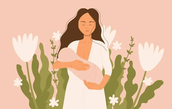 Caring Woman Breastfeeding Her Baby Breastfeeding Lactation Motherhood Concept Loving — Vettoriale Stock