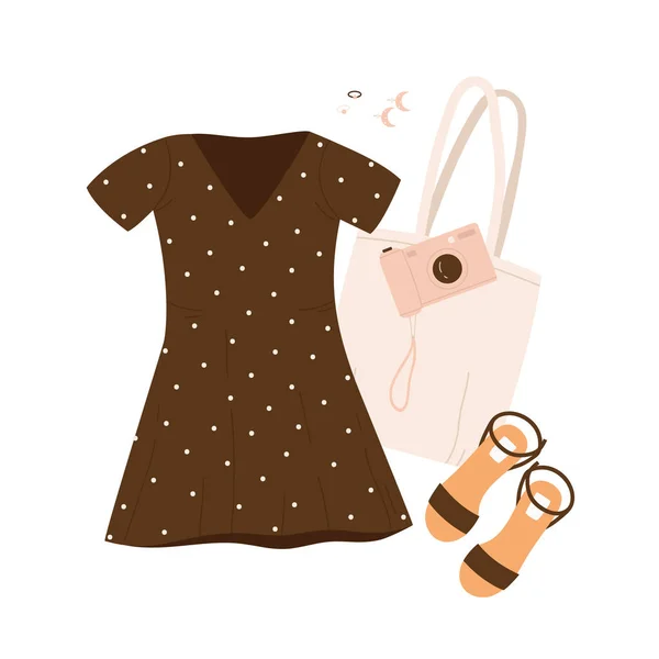 Stylish Women Outfit Short Polka Dot Dress Sandals Bag Camera — Stockvector