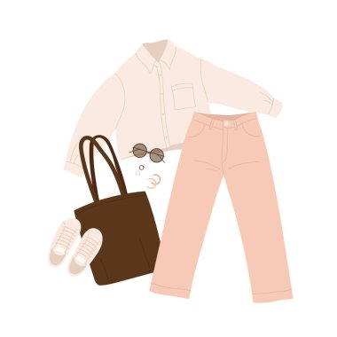 Stylish women's outfit. Pink jeans, sneakers, shirt, bag and accessories. Fashion summer or spring  look aesthetic. Casual wear, street style. Vector cartoon illustration. Isolated white background.